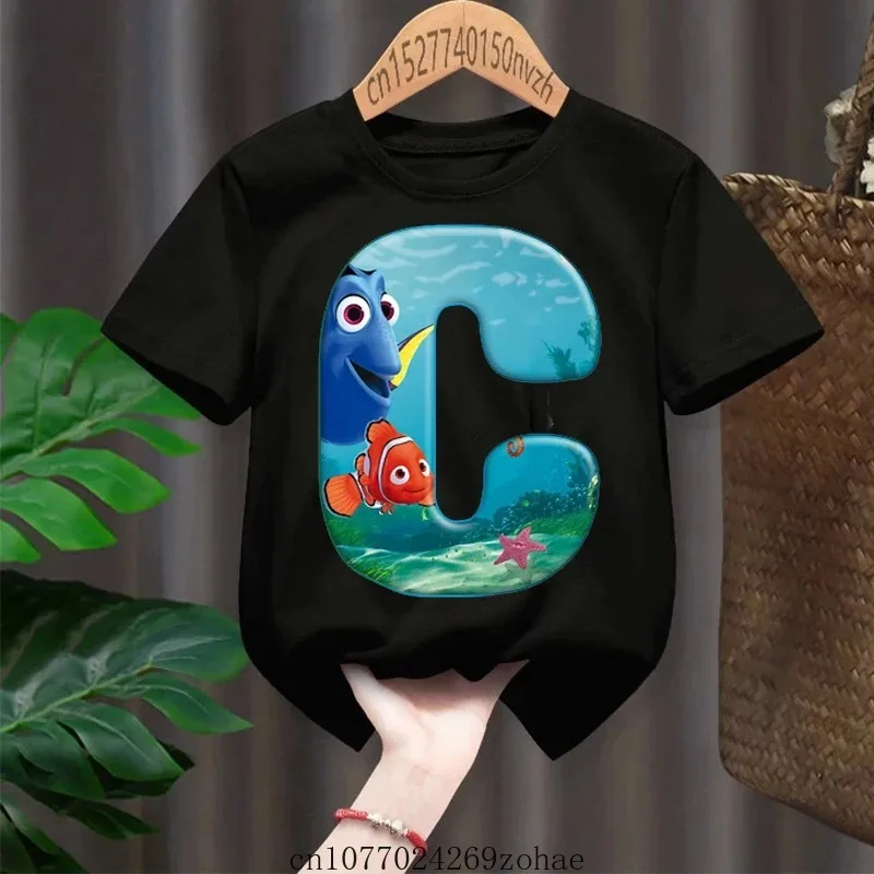 Disney Cute Cartoon Finding Nemo Printed T-Shirt Black Fashion Round Neck Shirt Boys Short Sleeve 2022 Summer New Girl Clothes