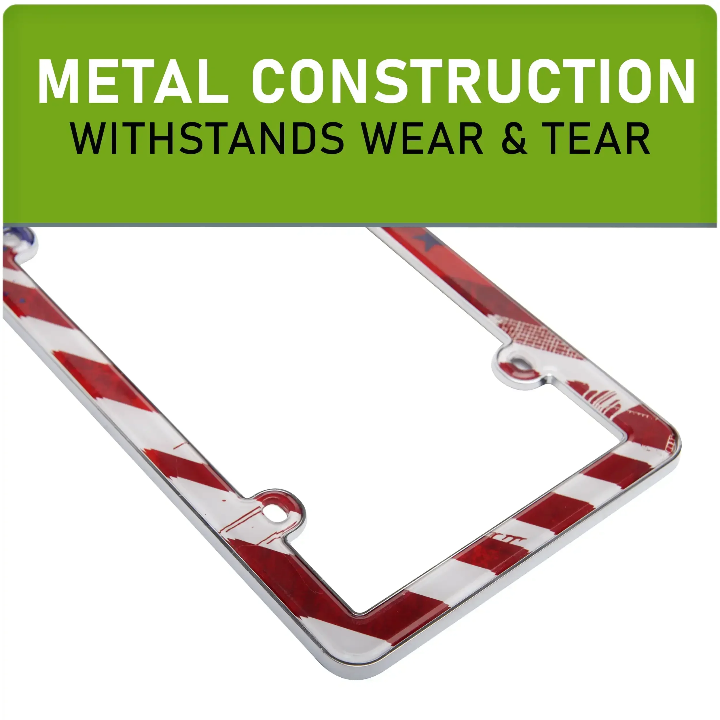 

Metal license plate frame, flag style, durable, year-round protection, standard size, washable.
