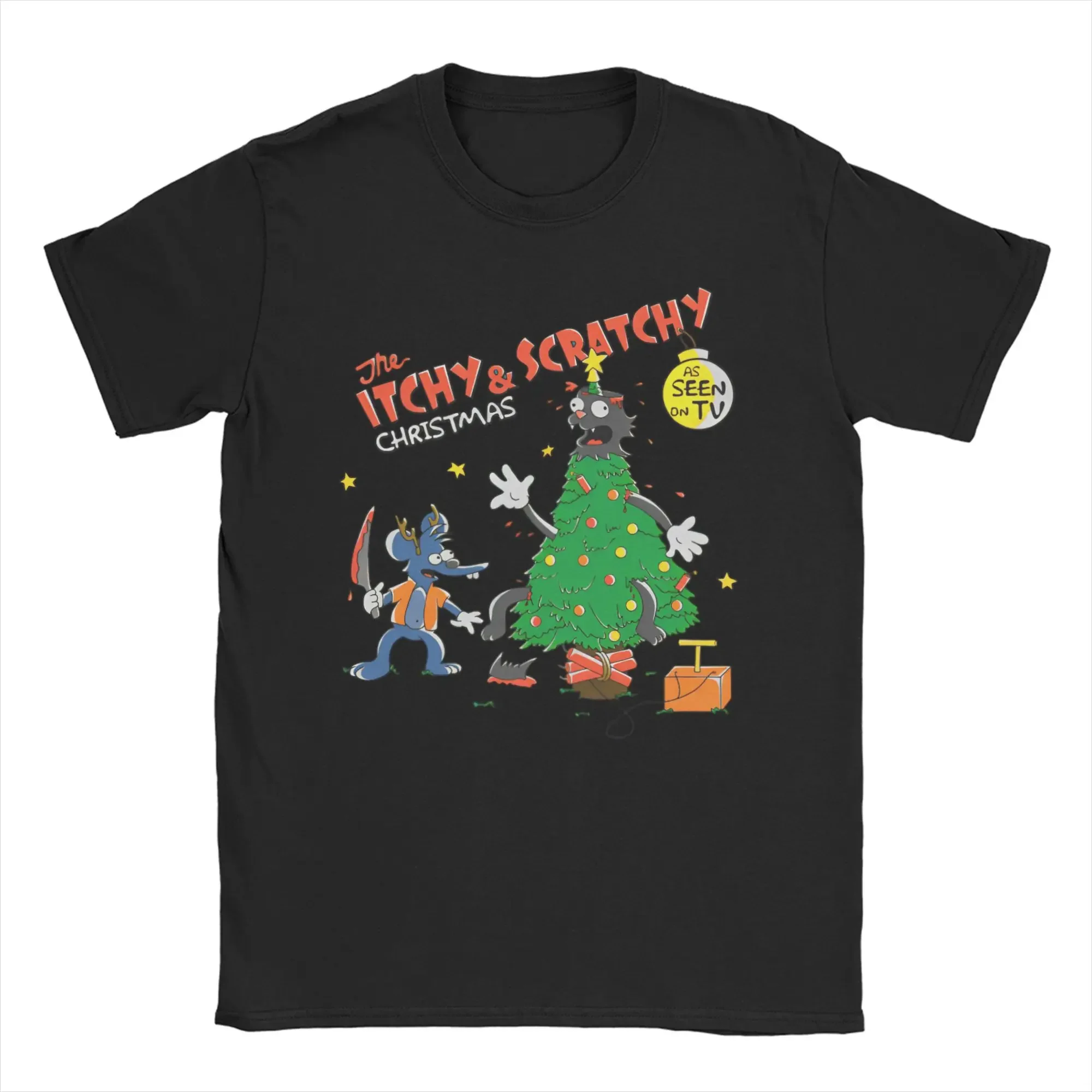 

Itchy Scratchy Christmas Tree Graphic Tee Men Women Cotton Short Sleeve T-Shirt Gift