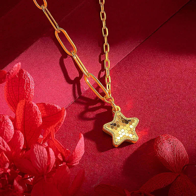 Women 9999 24K Real Gold Fashionable Little Star Necklace with Sparkling CNC Fish Scale Pentagram Collarbone Necklace Gift