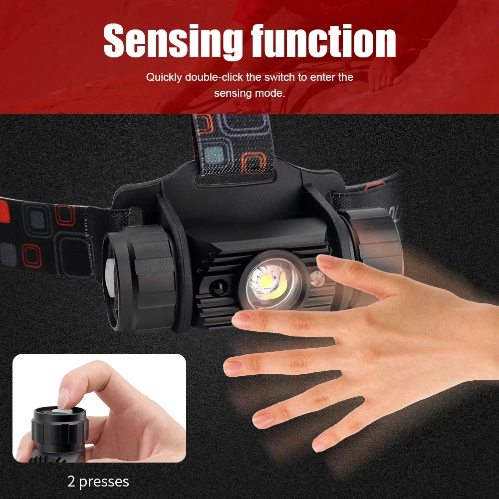 BORUiT IR Sensor LED Headlamp 18650Battery USB Rechargeable Headlight Waterproof Work Torch Fishing Camping Head Flashlight