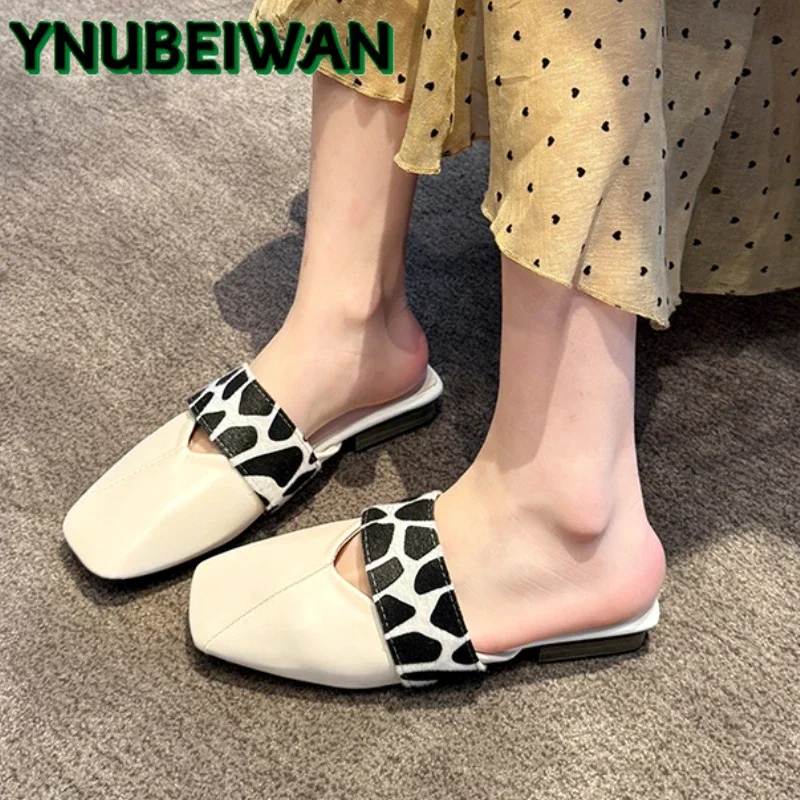 

2025 Summer Women Slippers Flats Mules Shoes Square Toe Sandals New Fashion Casual Woman Flip Flops Party Slingback Zapatos