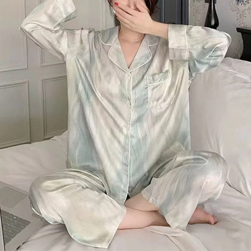 

Nightwear Women Water Wave Pattern Pajamas Ladies Homewear Two-Piece Set Cardigan Long-Sleeved Sleepwear Autumn and Winter