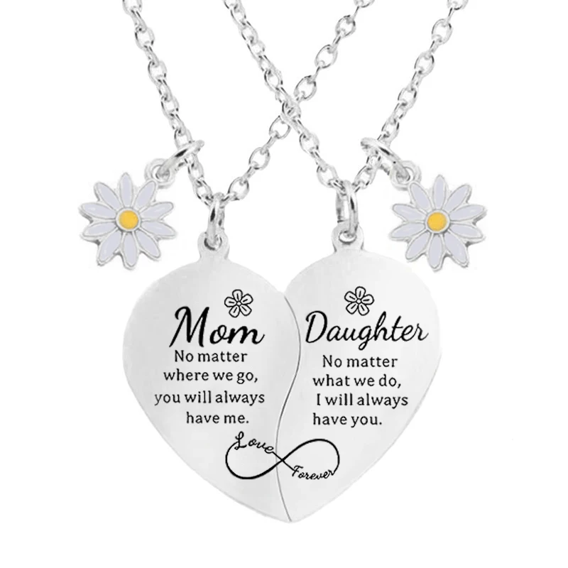 2Pcs Daisy Charm Mother Daughter Heart Matching Pendant Necklace Set Stainless Steel Jewelry Gifts For Mom