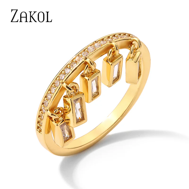 ZAKOL Brand Fashion Rectangle Zirconia Tassel Rings for Women Personality Gold Color Pendant Finger Ring Party Jewelry