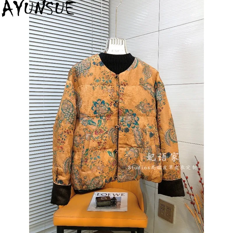 AYUNSUE Goose Down Jacket Woman Chinese Style O-neck Embroidered Outerwears Reversible Warm Winter Jackets Woman Clothes Casaco