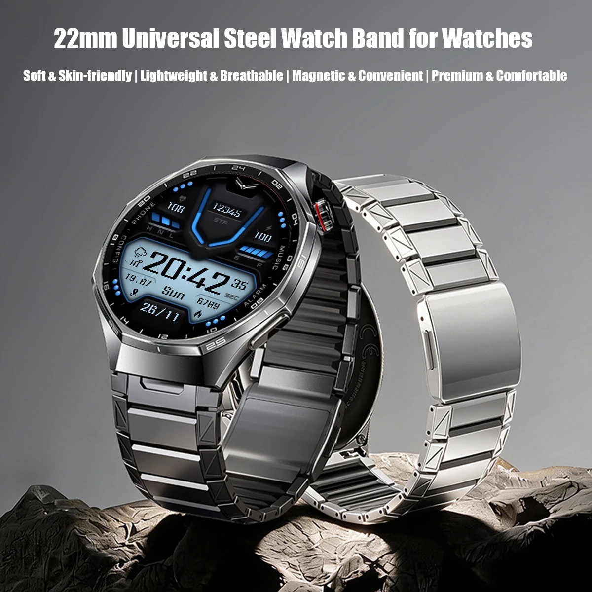 Stainless Steel Band for Amazfit T-rex 3/3Pro 2/2Ultra Metal + Metal Business Strap for T-rex 1/Pro Magnetic Dual-layer Bracelet
