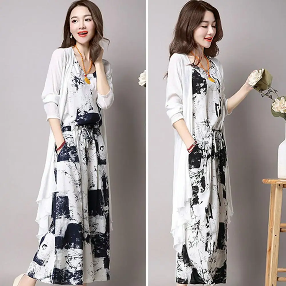 

Loose Dress Cardigan Suit Chic Vintage Print Dress Cardigan Set Long Cardigan with Pockets Sleeveless Midi Dress for Lady's Fall