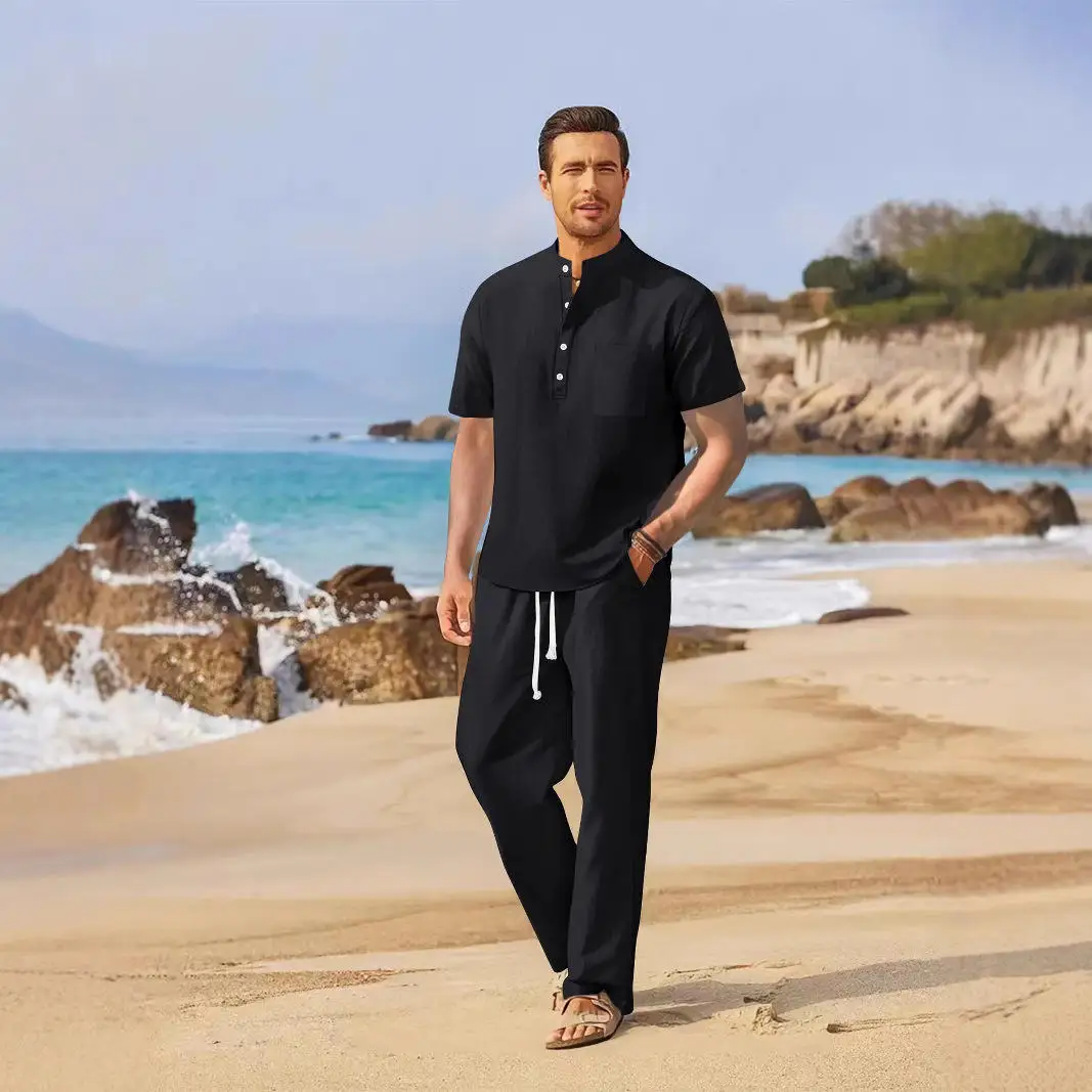 

Loose Casual Cotton Linen Men's Summer Shirt Shorts Set Long Pants Short Sleeve Men's Wear Comfortable Breathable Fashionable