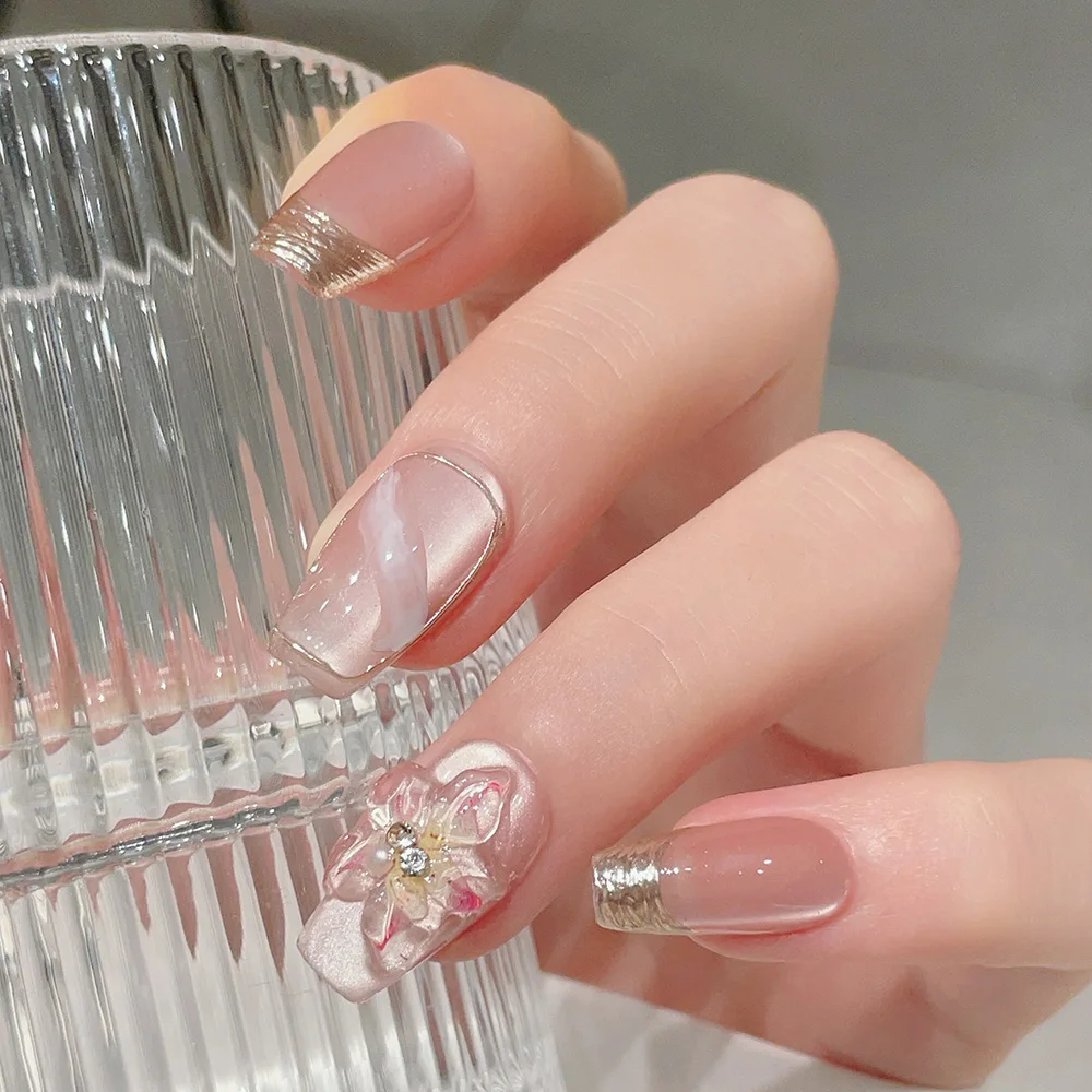 10pcs Short Trapezoid Handmade Press On Nails Kit, Pink Fake Nails, Elegant Romantic Wearable Nail Art, Flower, Garden Dream