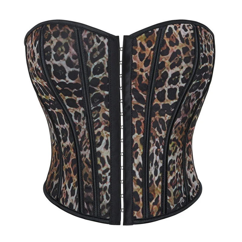 Women's Leopard Print Bustier Top - Push-Up, Shaping, Corset Style, Single Row Button, Royal Design, With Back Adjustable Straps