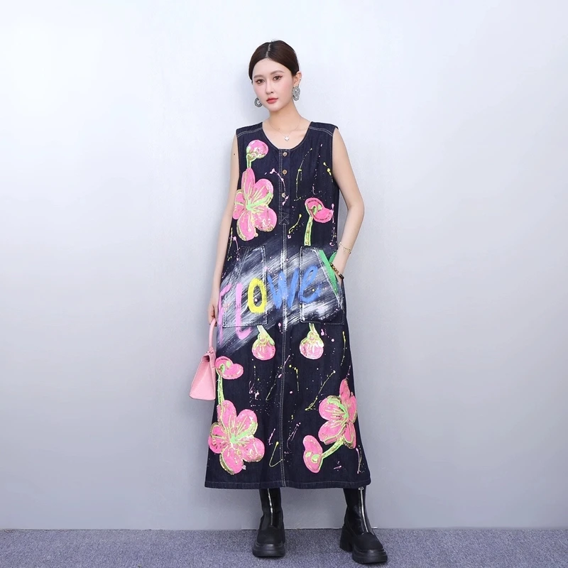

2025 Summer New Elegant Women Loose Sleeveless Denim Long Dresses Ladies Printed Dress Wholesale J1200