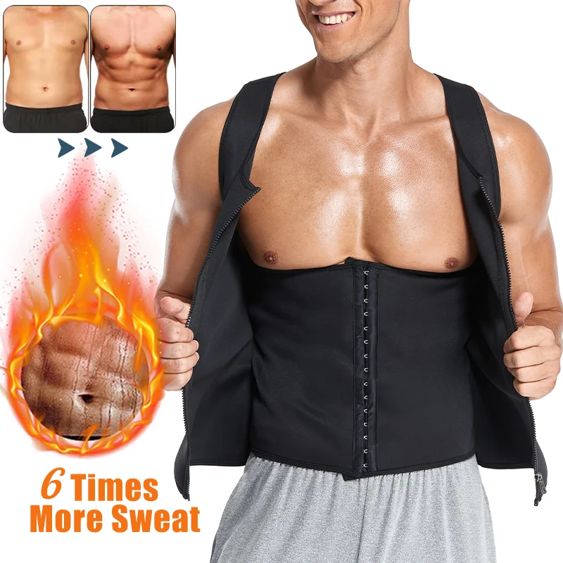 Men's Sauna Sweat Top Firm Tummy Control Slimming Corset Zipper Closure Shirt Double Layer Compression Tank Top Fat Burning Vest