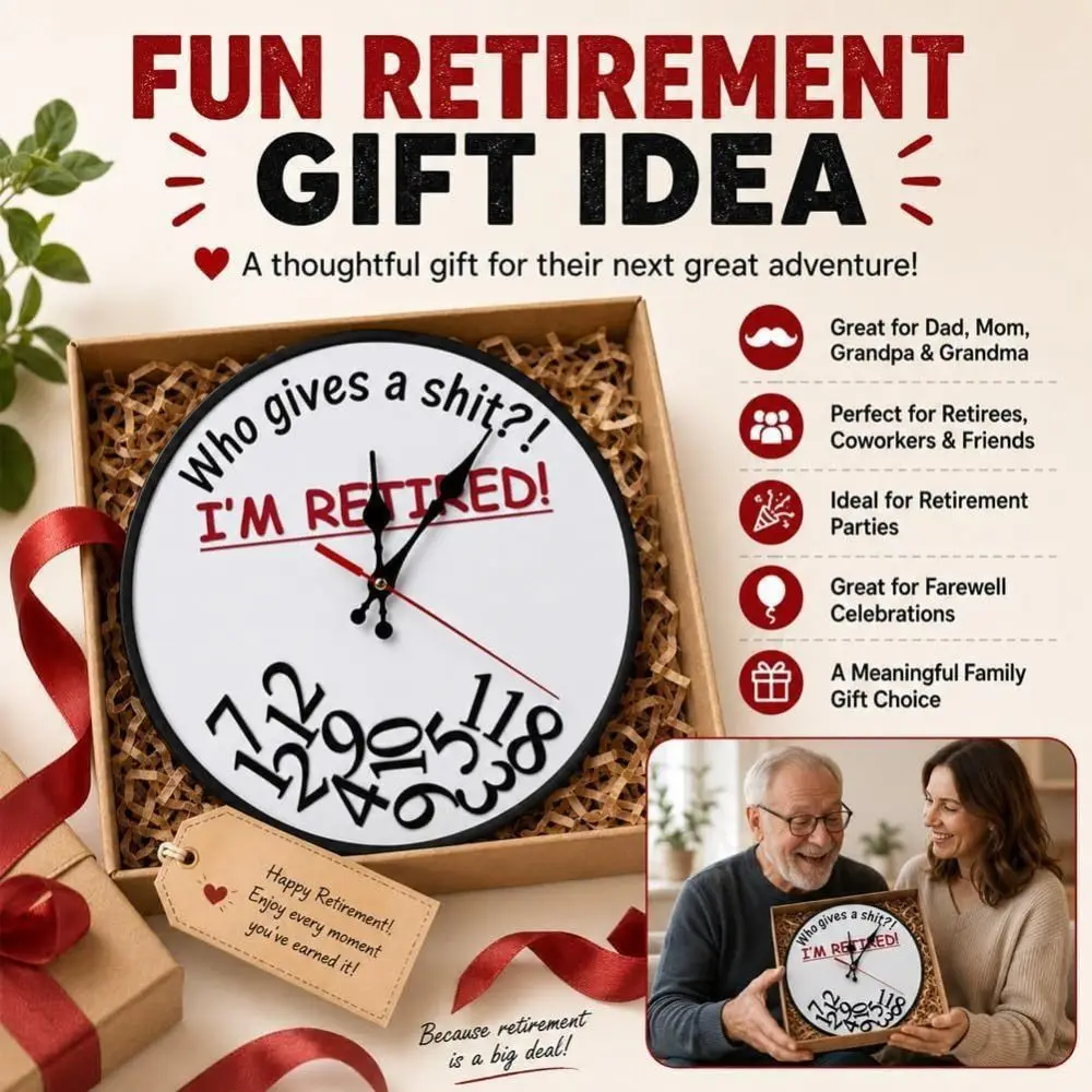 2D Flat Retirement Humor Wall Clock Creative Printed Dial Modern Style Wooden Wall Clock Round Shape Wood Analog Wall Clock