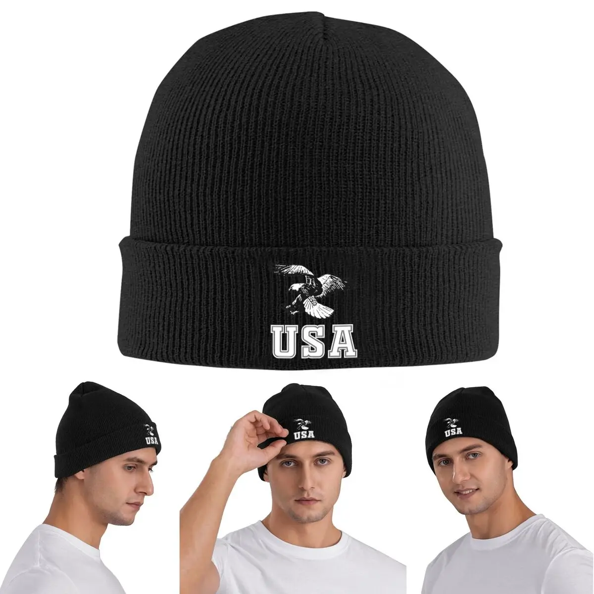 

Теплая вязаная шапка с принтом американского орла, зимняя вязаная шапка с капюшоном, шапочки Skullies, шапки в стиле хип-хоп для унисекс