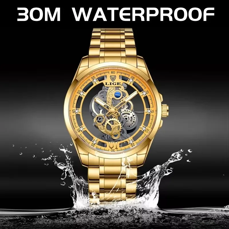 LIGE الرجال الهيكل العظمي الذهبي كوارتز ساعات المعصم الفاخرة الإبداعية تصميم جوفاء ساعات رجالي الأعمال الفولاذ المقاوم للصدأ ساعة مضيئة