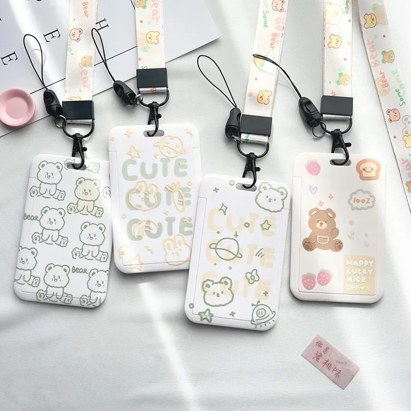 Funda con cordón para tarjetas de comida, funda con estampado de animales para estudiantes, autobús, trabajo de dibujos animados, tarjetero de crédito