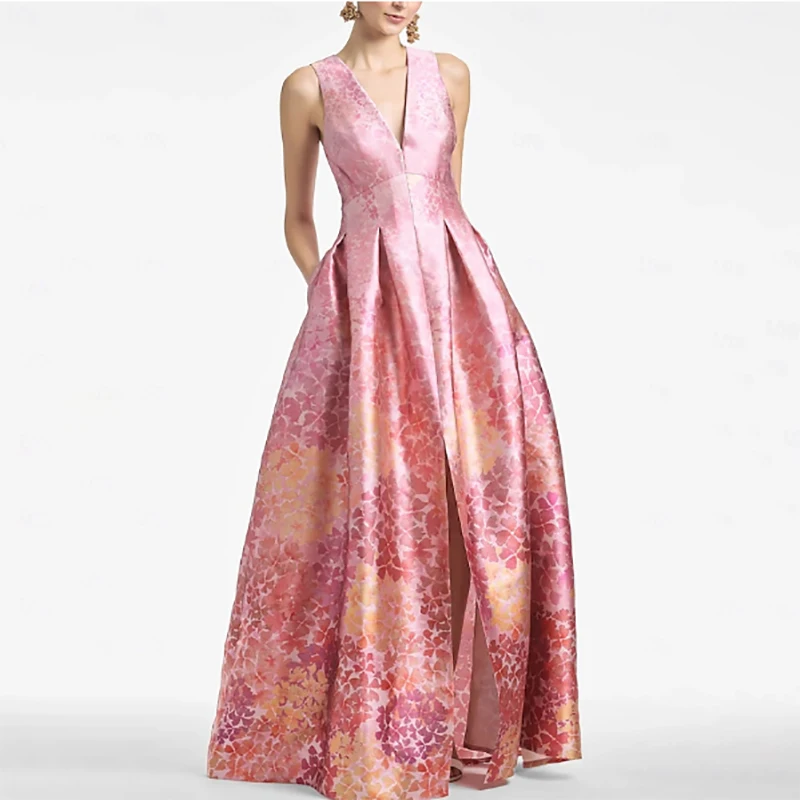 

Pink printing V-Neck Formal Evening Dresses A-Line Slit Zipper Prom Dresses Customized robes de soirée