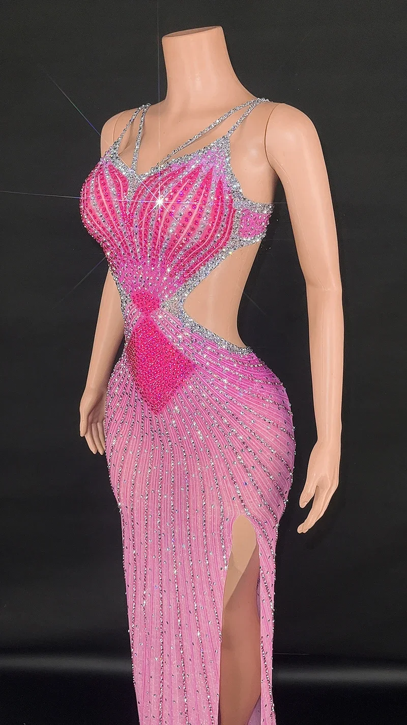 Sexy Hot Pink Spaghetti Strap V Neck Cut Out Open Leg Maxi Long Celebrity Evening Party Gowns Women Luxury Birthday Dress