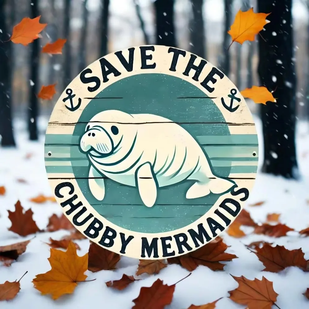 "Manatee Illustration" Round Decorative Art | Unique Coastal Bathroom Decor | Ideal for Beach Houses & Nautical Spaces