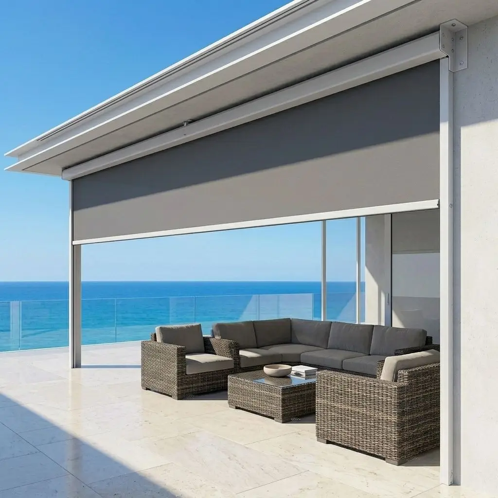 Anti-UV Outdoor Blinds. Waterproof & windproof. Protects from sun damage. Durable fabric. Patio & balcony shade. Custom made.