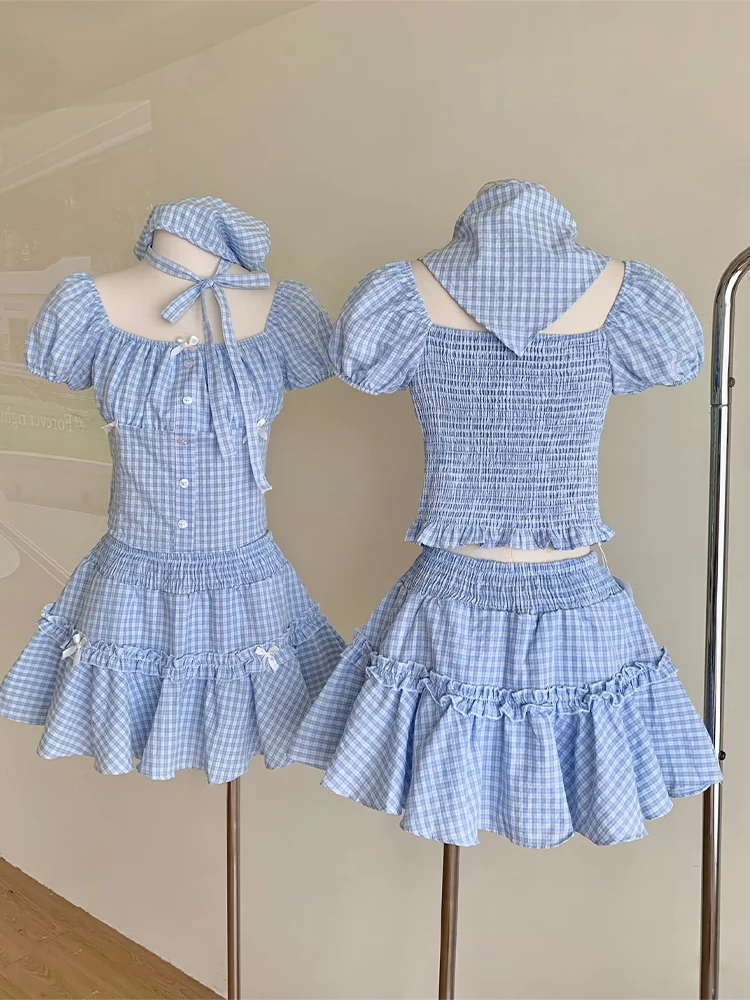 Setelan pakaian wanita dua potong Vintage, setelan wanita dua potong, rok Mini A-Line dan kemeja lengan pendek Harajuku 90s Y2k, set celana elegan 2000s pakaian musim panas