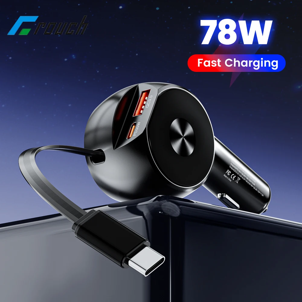 

3-Port 78W Car Charger With Retractable Data Cable PD30W QC3.0 Car Phone Charger Adapter for iphone Samsung Huawei Xiaomi
