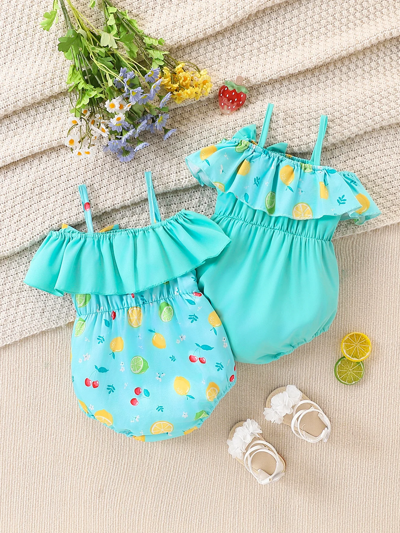 Baby Girl 2-Piece Summer Combination Set Tropical Fruit Full Print Ruffle Edge Suspender Triangle Jumpsuit Cute Infant Outfit