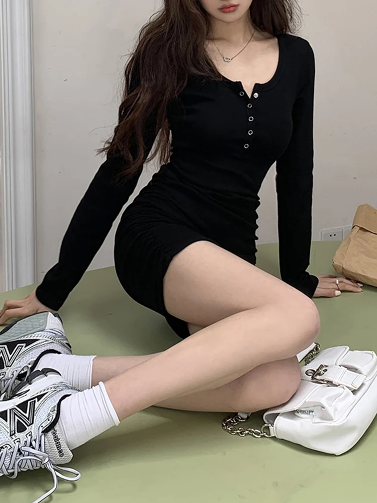 

Solid Color Classic Button O-Neck Sexy Mini Dress for Women Autumn Fashion Office Ladies Simple Casual Elegant Female Dresses