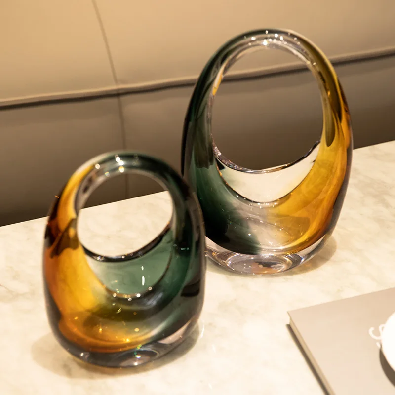 Light luxury colorful glass handbag, glazed flower arrangement, home decoration ornament, sample room, color art vase.