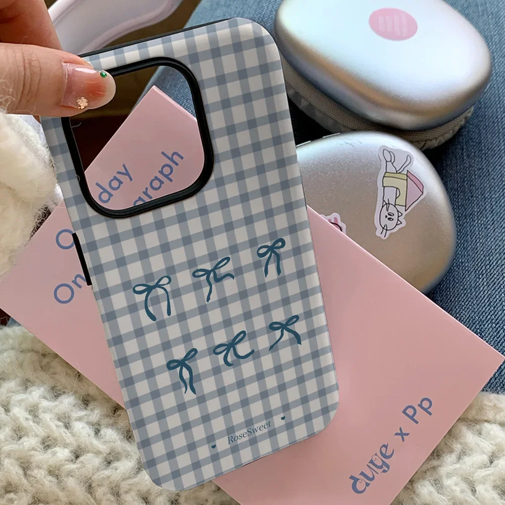 Summer Bow Blue Grid Phone Case for IPHONE 16 PRO MAX 14 13 12 11 PRO Plus 15pro XS XR Acrylic TPU Two in One Mobile Phone Cases