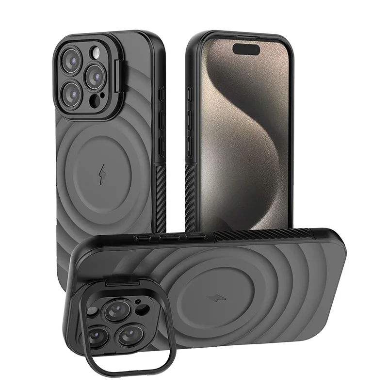 

Suitable for iPhone 17, 16, 15, 14 Pro Max camera folding stand phone case, magnetic wireless charging ripple matte protective c