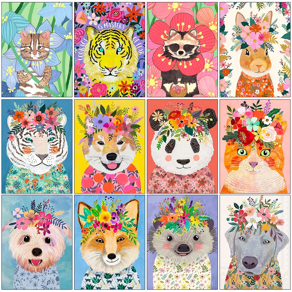 5D DIY Diamond Painting Animal Flower Full Square Round Diamond Mosaic Embroidery Tiger Cat Dog Cross Stitch Set Home Decoration