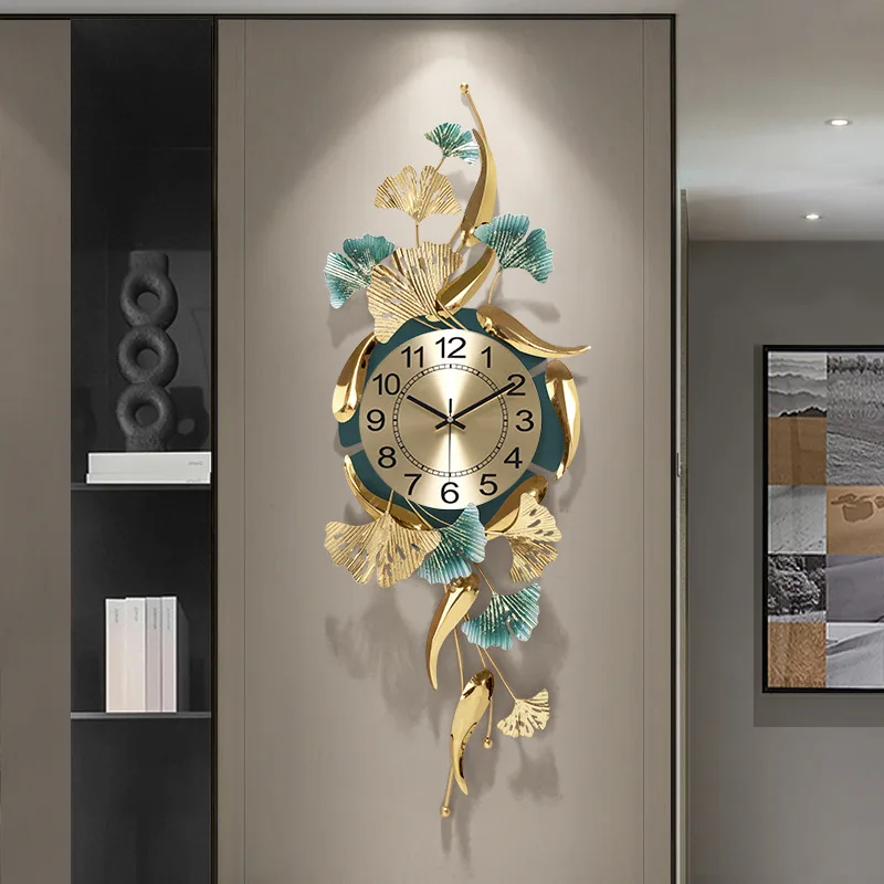 Living Room Creative Metal Decorative Clock Ginkgo Leaf Fish Large Wall Clock Hotel Lobby Home Porch Decorations Silent Watch