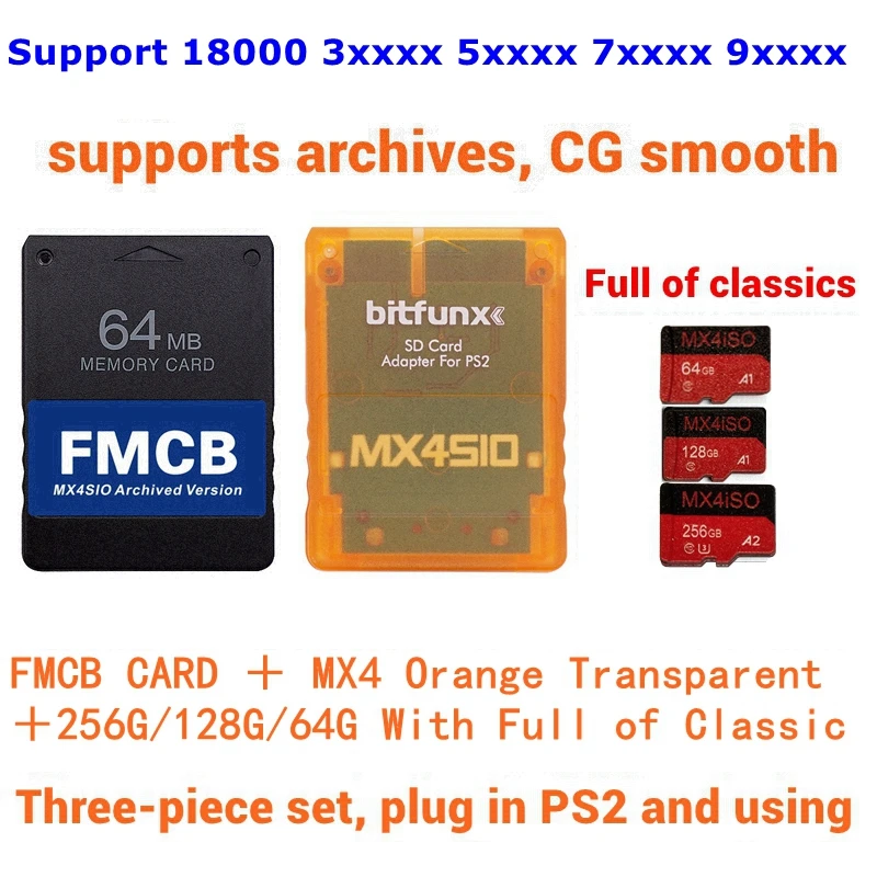 TF e adaptador de cartão SD para consolas PS2, cartão FMCB, ISO, escolha o pacote combinado, PS2, MX4SIO, SIO2SD, 256G, 128G, 64G