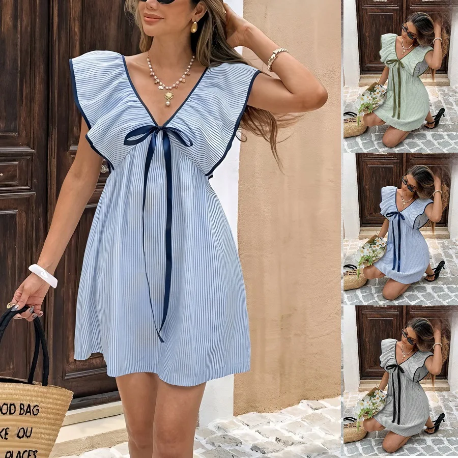 シンプルでセクシーなレディースワンピース 夏の新作ファッション ストライプ柄 Vネック レースアップ フリル付きフライングスリーブ ボヘミアンミニワンピース 女性用 プロム2026