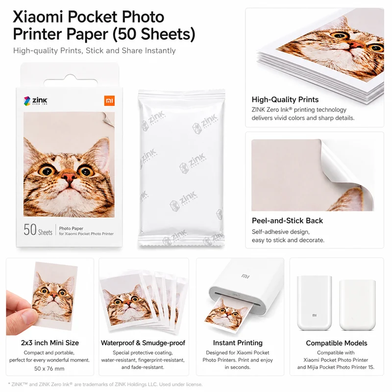 Original Xiaomi 50 Sheets 2x3 Inch ZINK Sticky Photo Paper for Mijia Pocket Photo Printer 1S & Xiaomi Pocket Photo Printer Refil