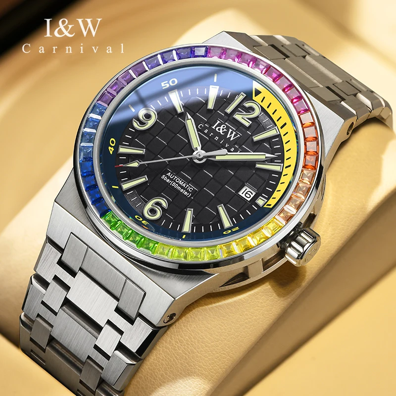 Carnival Brand Bumblebee Colored Diamond Bezel Series High-End Mechanical Watch Men Luxury Sapphire Imported Movement Watch Mens