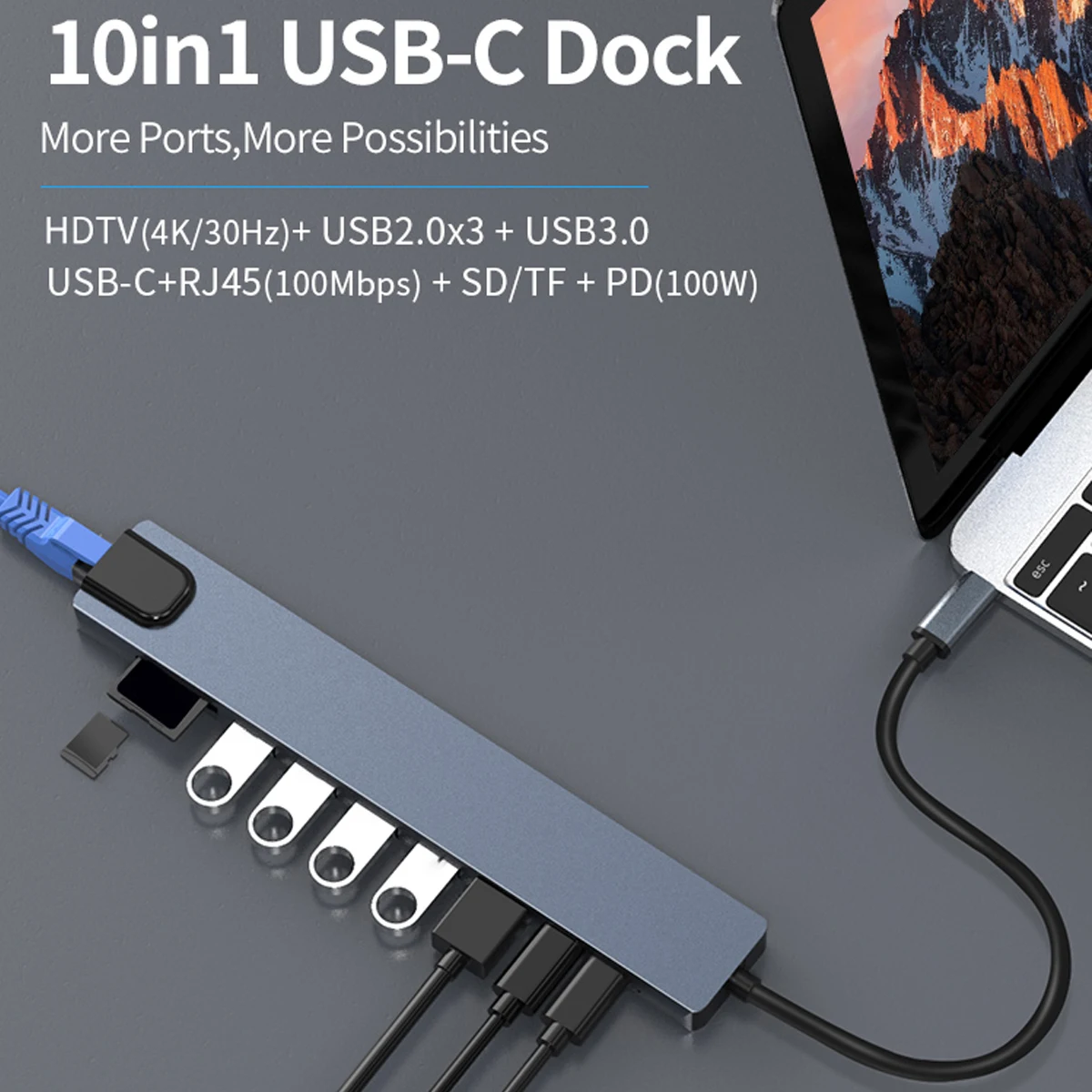 

10 in 1 USB C HUB Type C to HDTV Docking Station 4K30Hz PD100W RJ45 SD/TF Card Reader USB3.0 Port Multi-Hub For Macbook Laptop
