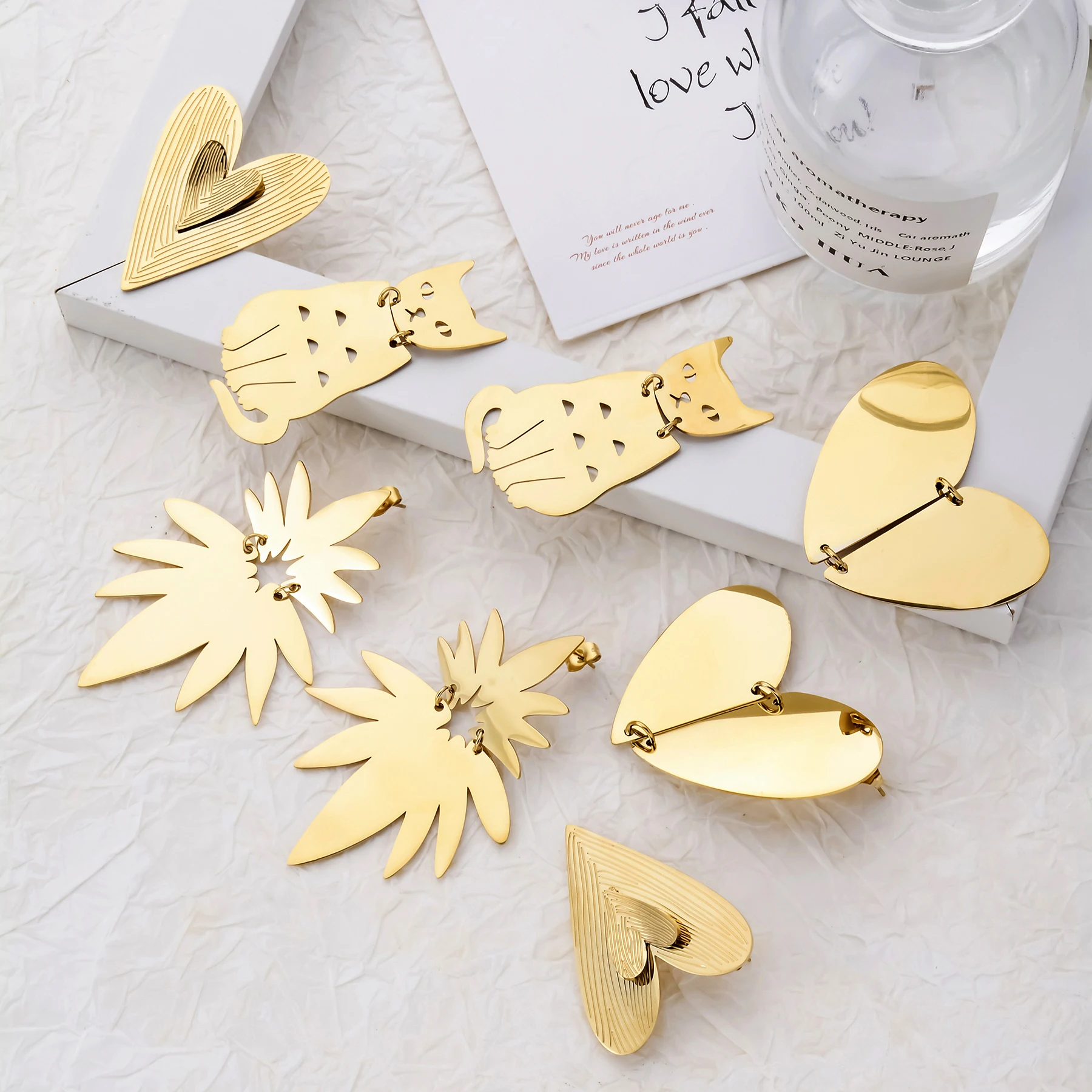 Stainless Steel Animal Earrings For Women Double Layer Splicing Love Maple Leaf Pendant Earrings Waterproof Jewel