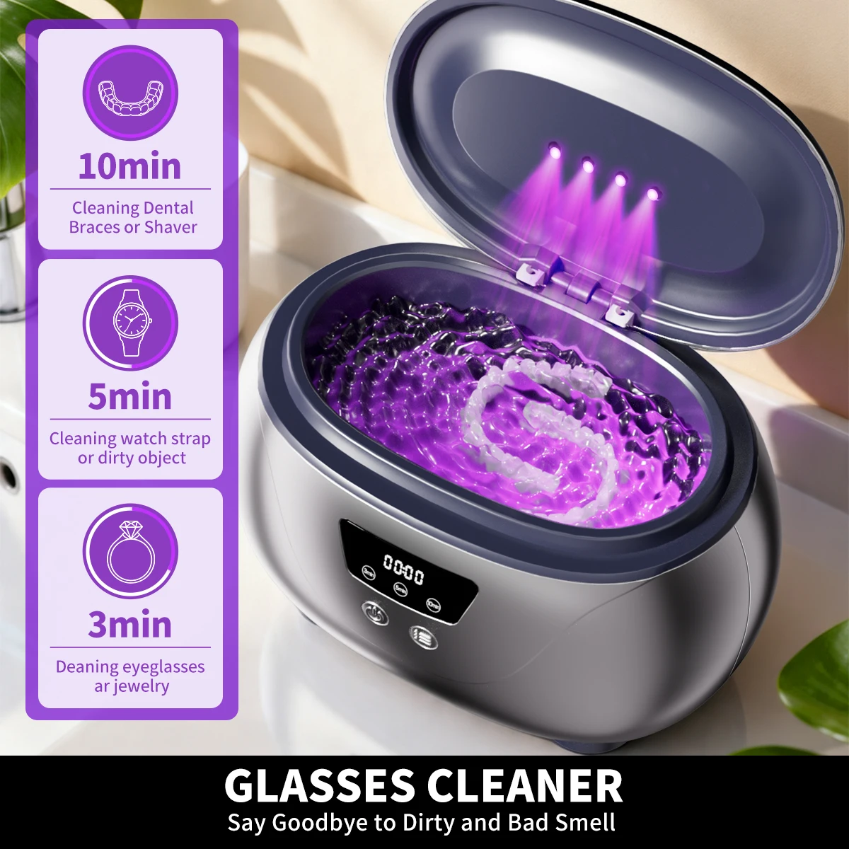 48kHz Dental Cleaning Pod For Denture Mouth Guard - USB Powered, 3 Timer Modes Ultrasonic eyeglass Cleaner