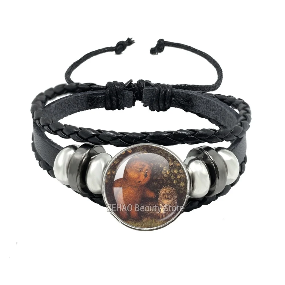 18mm Story Little Hedgehog In The Fog Pins Leather Rope Bracelet Glass Dome Yozhik v tumane Creative For Women Men Gift MS034
