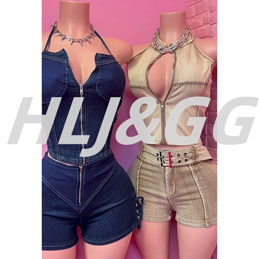 

HLJ Summer New Fashion Bodycon 2 Pieces Set for Woman Zipper Sleeveless Crop Top + Skinny Shorts Suit Female Streetwear Clothing