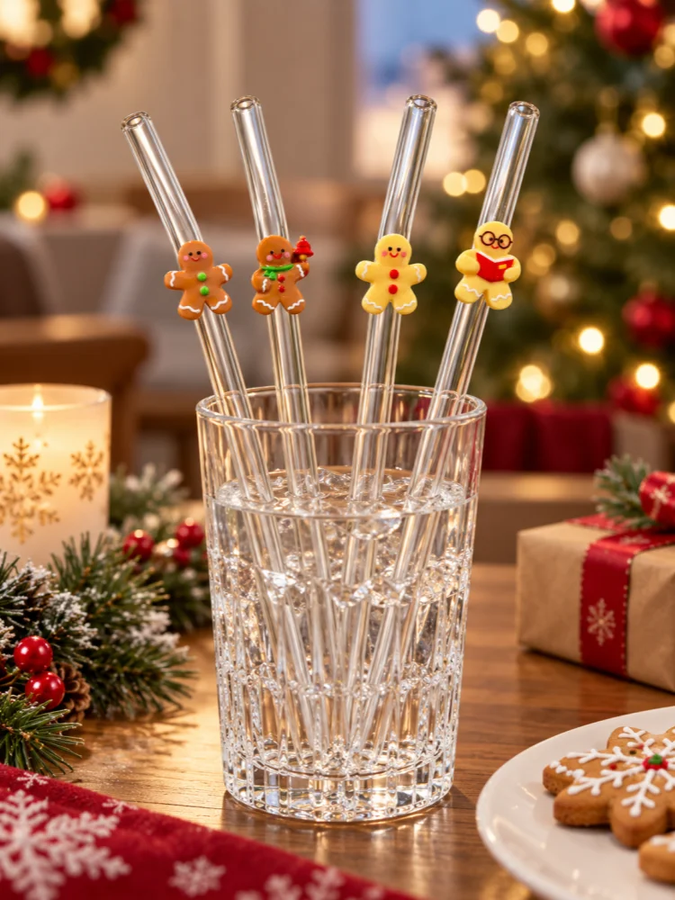 4PCS Christmas Gingerbread Man Combo Glass Straws Bend Reusable Clear Drinking Straws Coffee Juice Party Gift Xmas