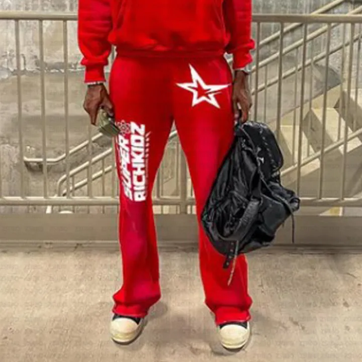 Calças casuais masculinas de perna reta, calças soltas com estampa de letras americanas retrô streetwear