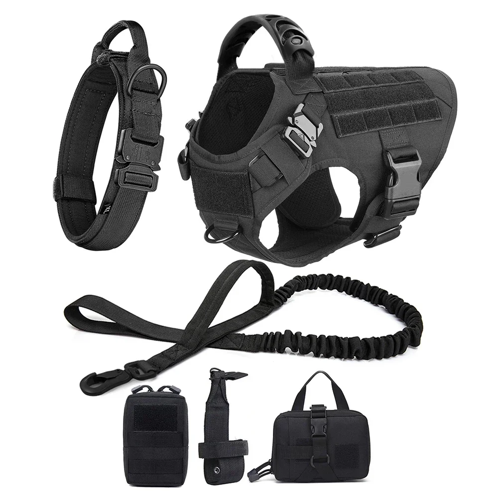 Military Large Dog Harness Leash Collar Molle Pouches Pet Training Vest Tactical German Shepherd Harnesses Dogs Accessories