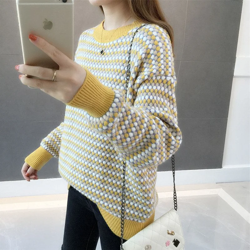 秋と冬の女性のための長袖セーターラウンドネック厚みのある韓国スタイル怠惰なプルオーバーニットベースシャツトレンディ