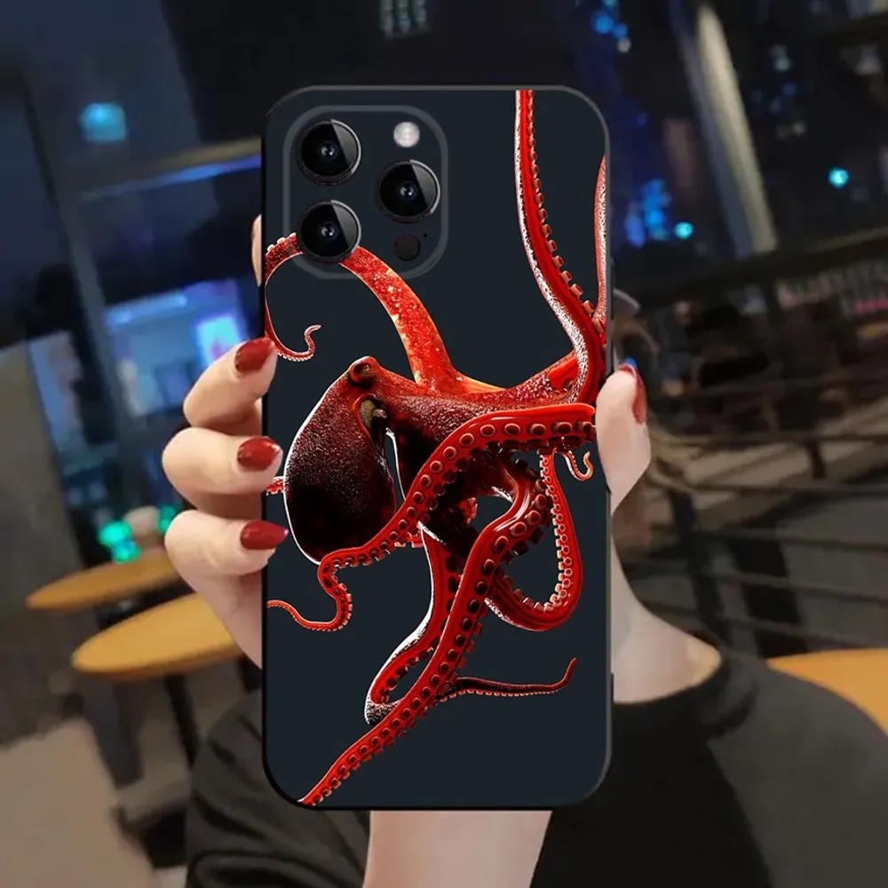 Marine Life Ocean Octopus Phone Case For Apple iPhone 15,14,13,12,11,XS,XR,X,8,7,Pro,Max,Plus,mini Silicone Black Cover