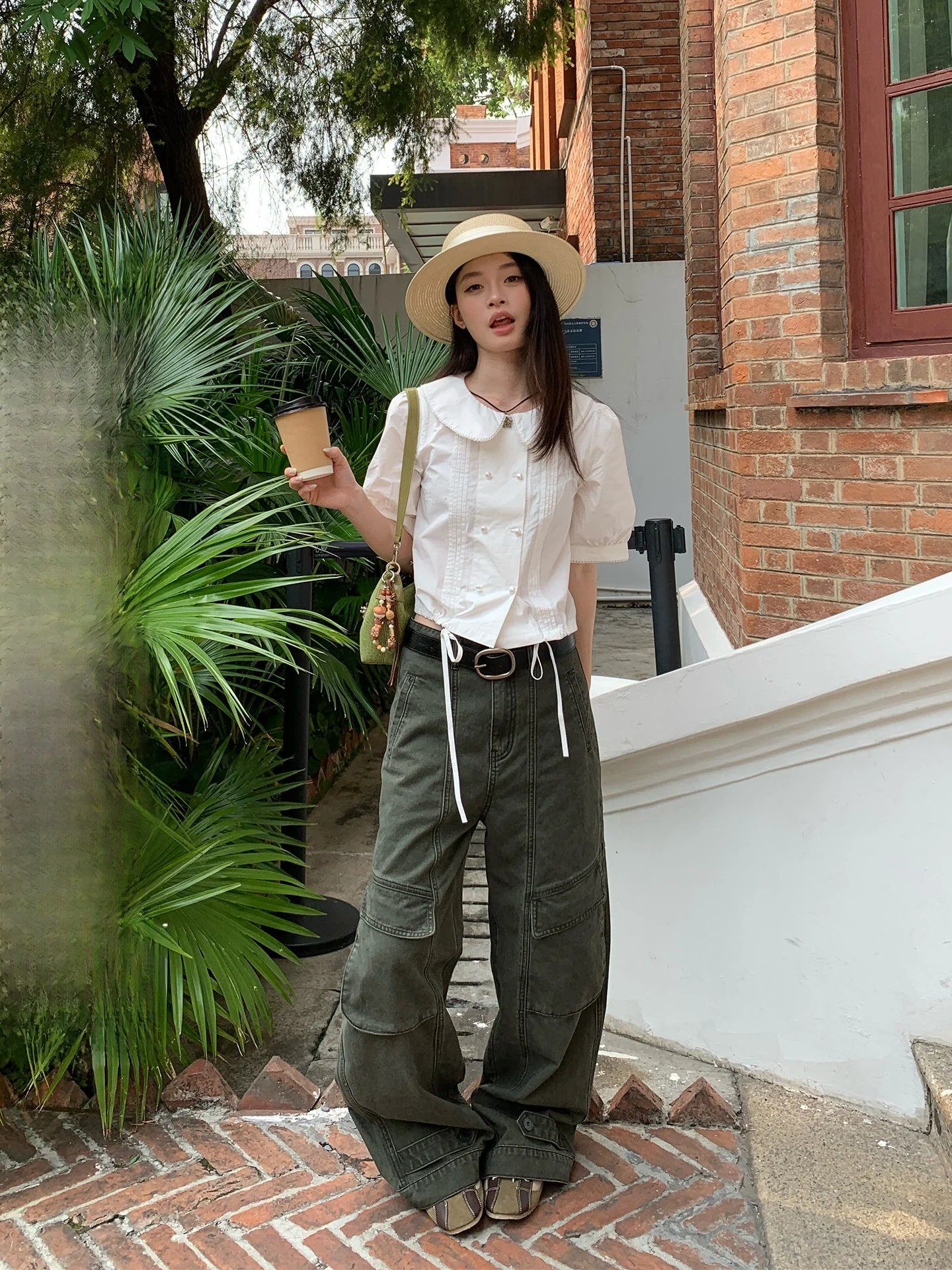 

Casual High Waist Straight Leg Cotton Work Trousers Women's Summer Slimming Loose Wide Leg Pants Military Green Washed