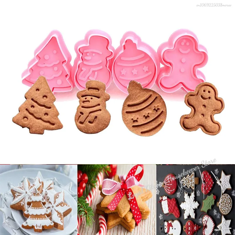 4pcs Christmas Push-type Cookie Cutter Biscuit Xmas Tree Gingerbread Mould Household Kitchen Fondant Cake Decoration Tools